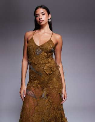 Asos Design Premium Lace Maxi Dress With Appliques And Dangling Fringe-gold In Gold