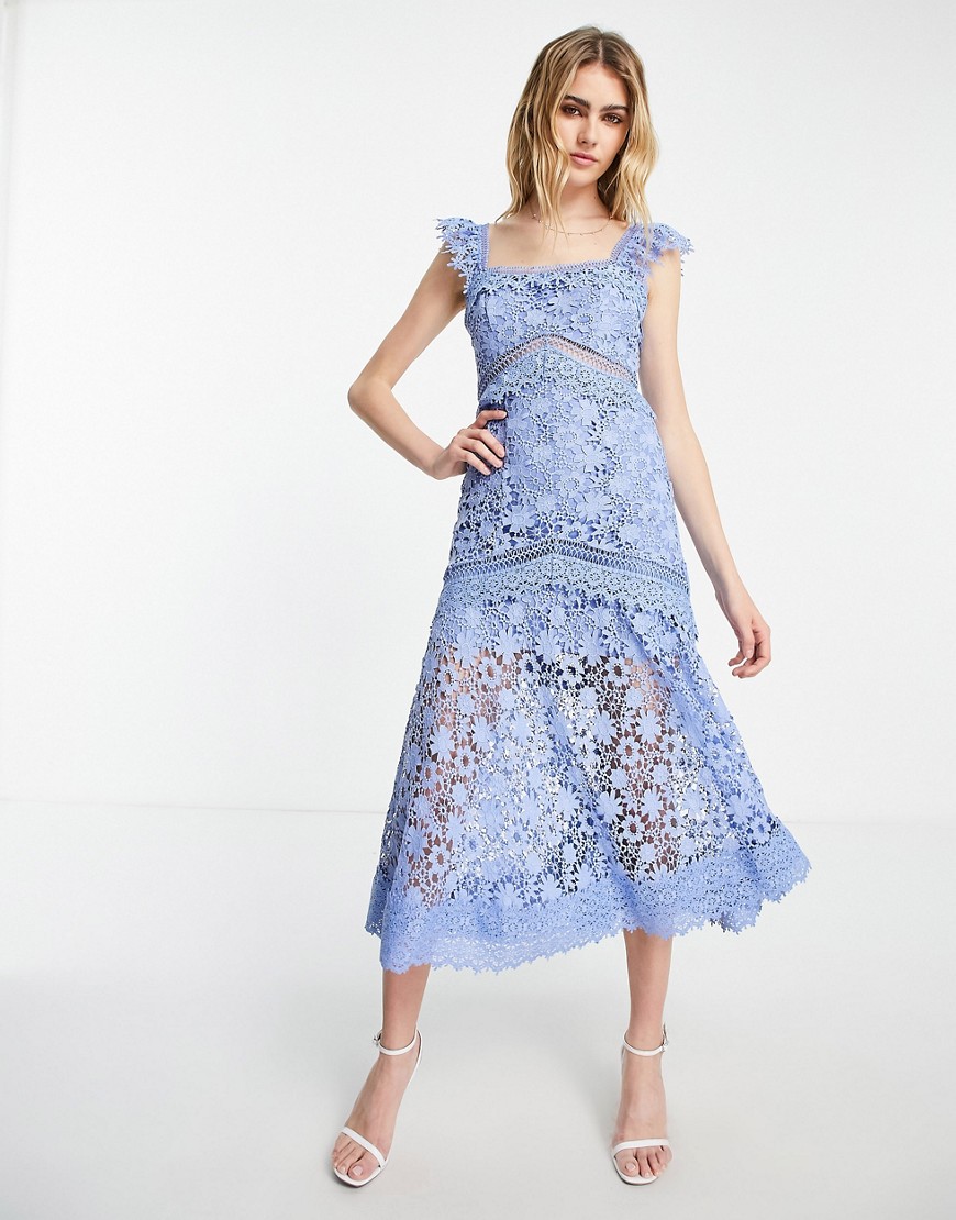 ASOS DESIGN Premium lace midi dress with ruffle detail in blue