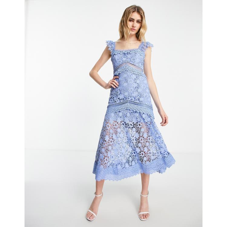 ASOS DESIGN Premium lace midi dress with ruffle detail in blue ASOS