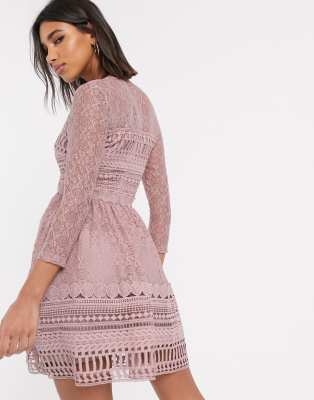 asos design premium lace mini skater dress with long sleeves