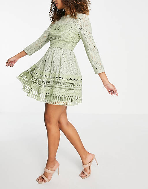 ASOS DESIGN Premium lace mini skater dress in sage green | ASOS