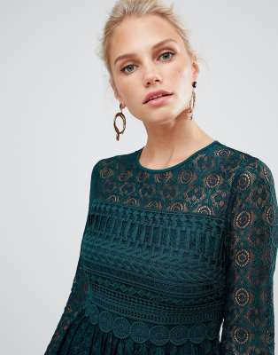 asos design premium lace mini skater dress with long sleeves