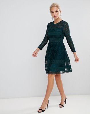 asos design premium lace mini skater dress with long sleeves