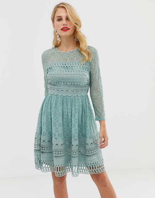  ASOS  DESIGN Premium lace mini skater dress  with long 