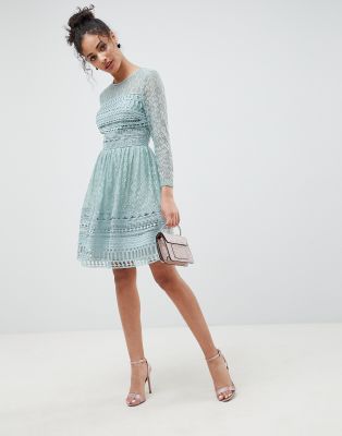 asos design premium lace mini skater dress with long sleeves