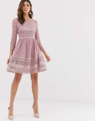 asos design premium lace mini skater dress with long sleeves