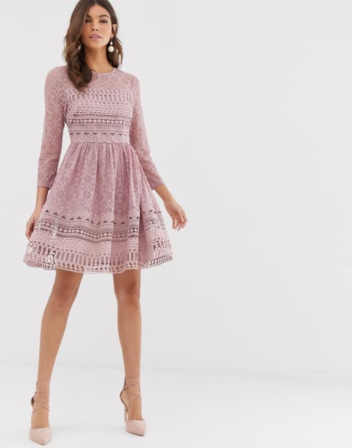 Asos design premium lace mini 2025 skater dress with long sleeves