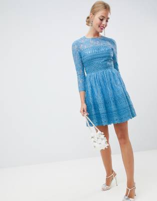 asos design premium lace mini skater dress with long sleeves