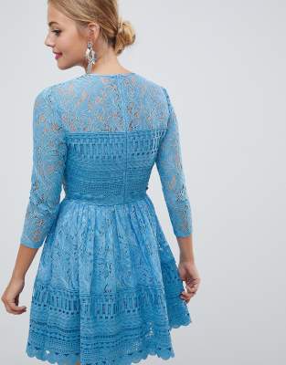 asos design premium lace mini skater dress with long sleeves