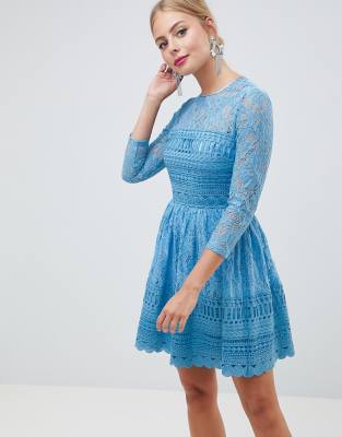 asos design premium lace mini skater dress with long sleeves