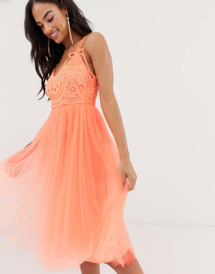 lace top tulle midi dress