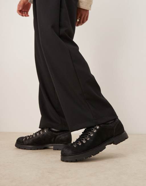 ASOS DESIGN Premium lace up hiker shoes in black cow hair ASOS
