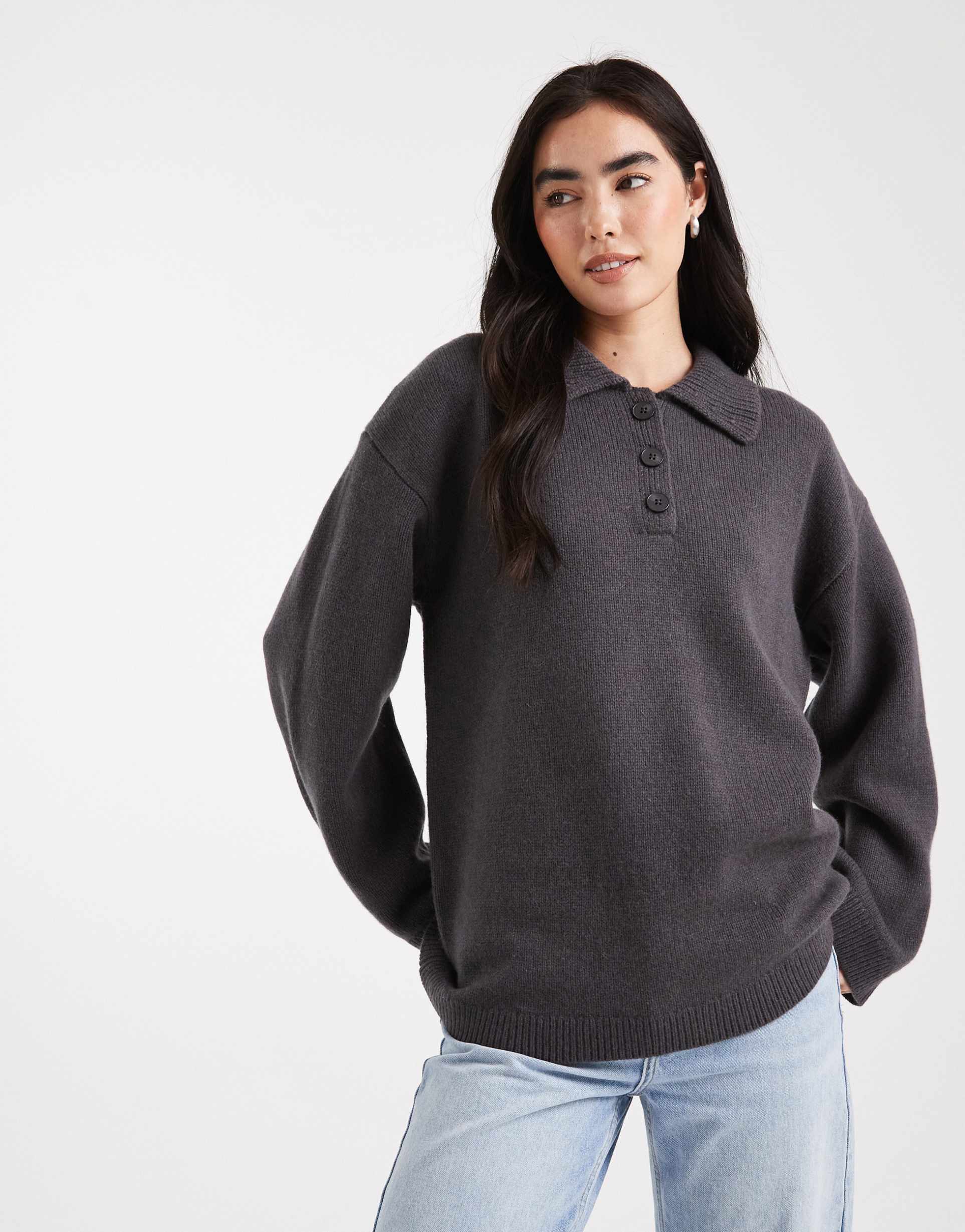 asos design premium lambswool polo shirt in charcoal