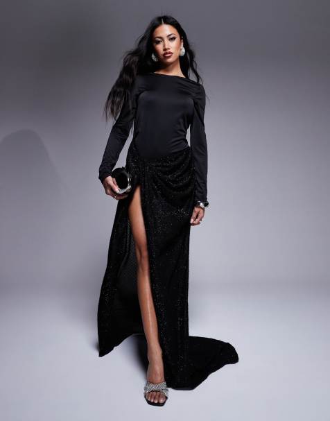 ASOS DESIGN – Premium – Langärmliges Maxikleid in Schwarz mit kontrastierender Struktur - view 1