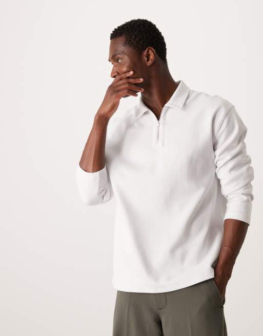 ASOS DESIGN – Premium – Langärmliges Polohemd aus Interlock-Jersey in Weiß mit Reißverschluss und lockerem Schnitt, 300 g/m²