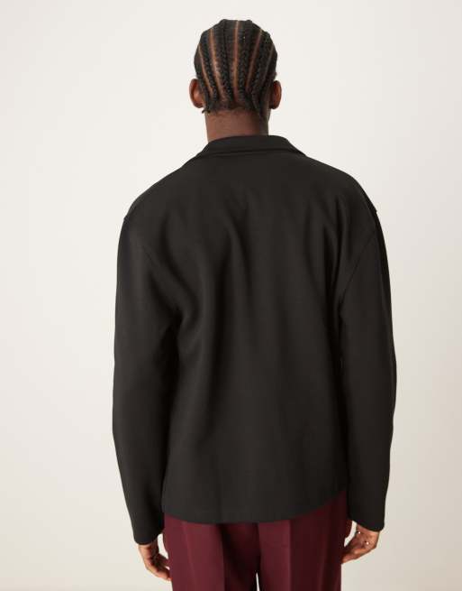 ASOS DESIGN – Premium – Langärmliges Relaxed Fit Shirt in Schwarz Interlock-Stoff mit Knopfleiste  , 2 von 4