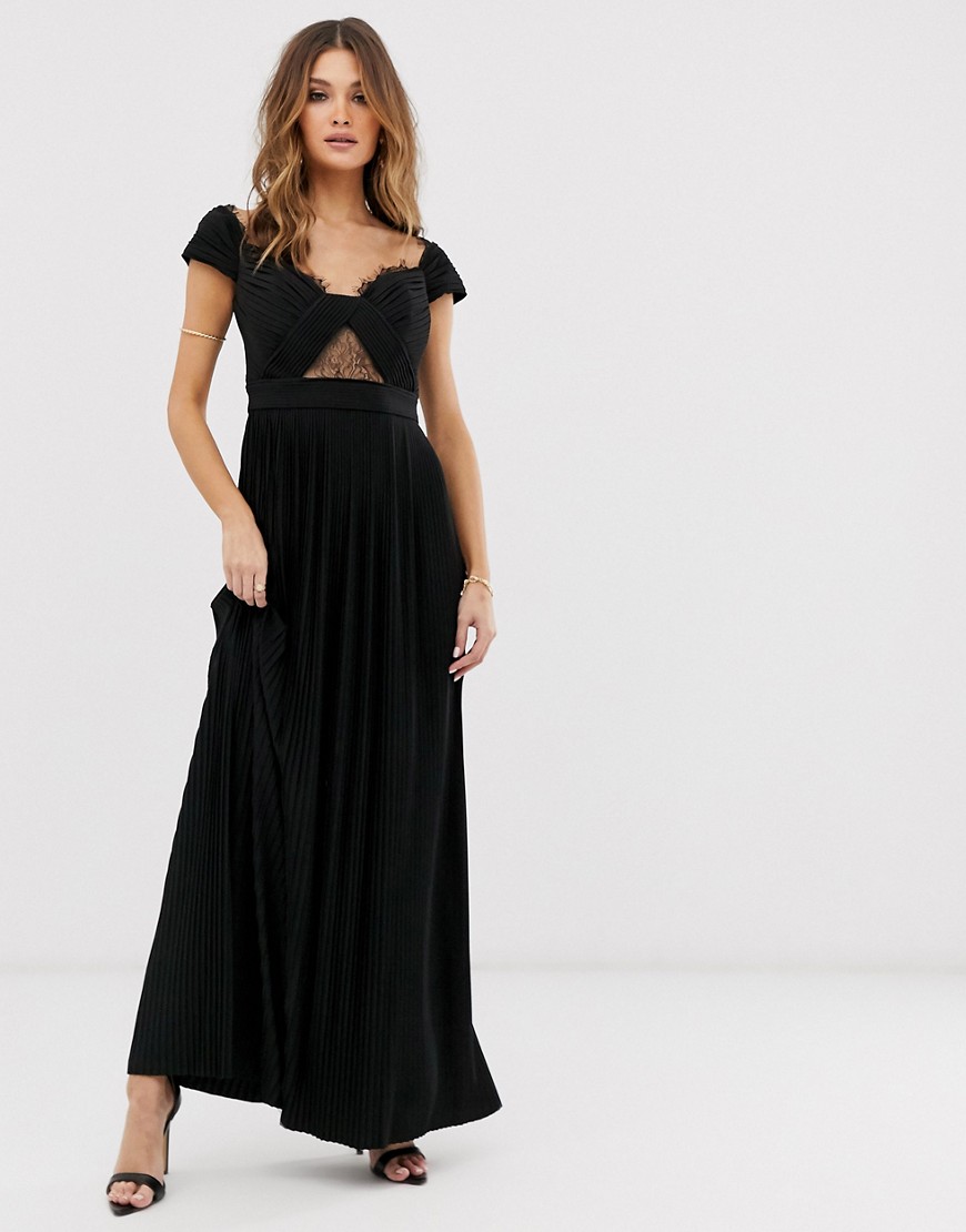 ASOS DESIGN - Premium - Lange bardot-jurk met kant en plooien-Zwart