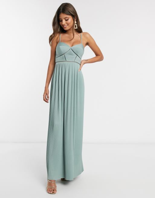 ASOS DESIGN Premium - Lange geplooide jurk met cami-bandjes en detail op de zoom in muntgroen