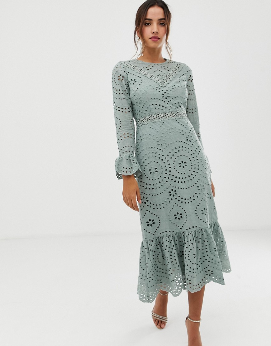 ASOS DESIGN - PREMIUM - Lange jurk met strook en uitlopende mouwen-Groen