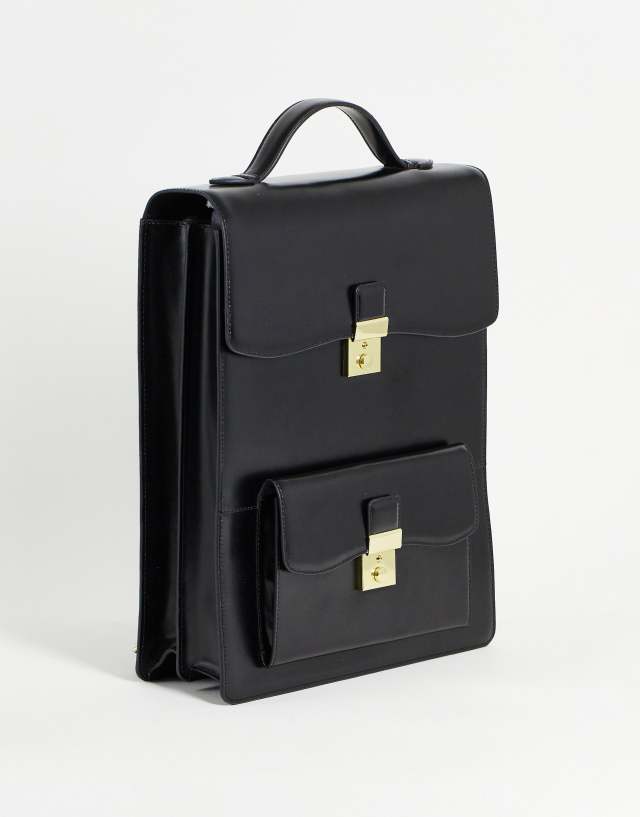 ASOS DESIGN premium leather backpack with pocket detail in black