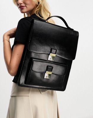 ASOS DESIGN premium leather backpack with pocket detail in black
