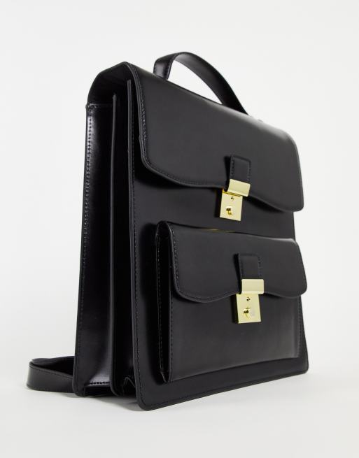 ASOS DESIGN premium leather backpack with pocket detail in black