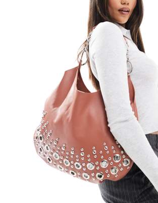 premium leather eyelet detail scoop tote bag in rose-Black