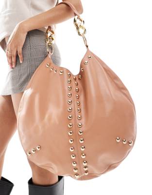 premium leather scoop dome studded detail tote bag in peach-Brown