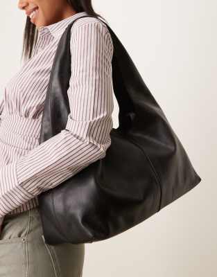 Asos Design Premium Leather Scoop Tote Bag In Black