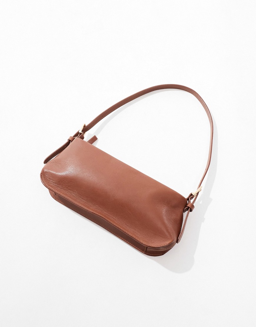 ASOS DESIGN premium leather shoulder bag with double buckle detail in brown