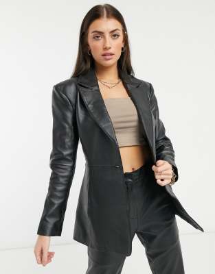 ASOS DESIGN premium leather suit blazer with sculpted waist in black | ASOS