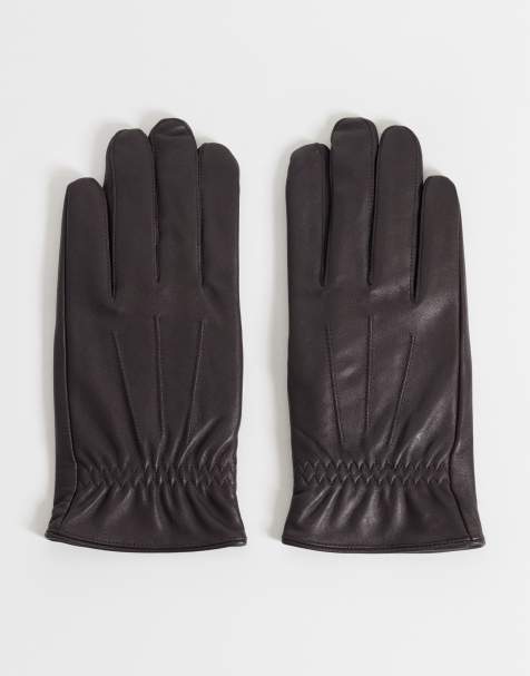 ASOS DESIGN premium leather touchscreen gloves in brown - view 1