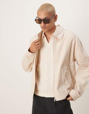 ASOS DESIGN Premium linen blend boxy Harrington jacket in stone - view 1