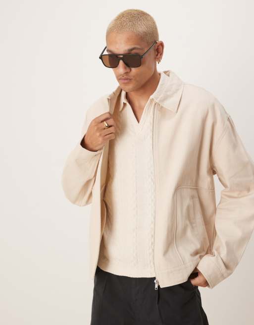 ASOS DESIGN Premium linen blend boxy oversized harrington jacket in stone