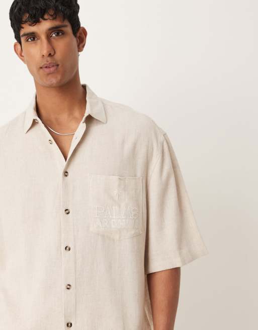 ASOS DESIGN premium linen blend boxy oversized shirt with chest embroidery in beige, 2 of 4