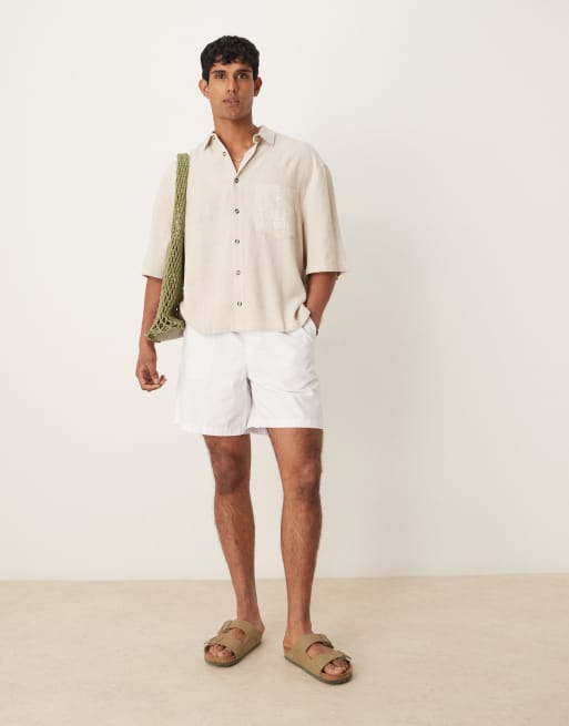 ASOS DESIGN premium linen blend boxy oversized shirt with chest embroidery in beige, 3 of 4