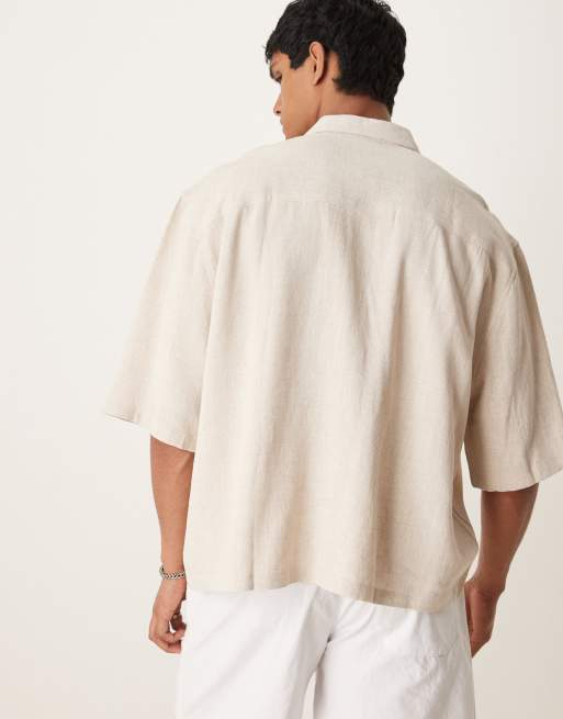 ASOS DESIGN premium linen blend boxy oversized shirt with chest embroidery in beige, 4 of 4