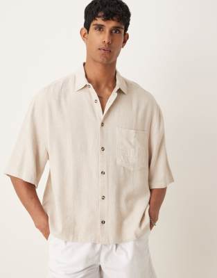 Asos Design Premium Linen Blend Boxy Oversized Shirt With Chest Embroidery In Neutral