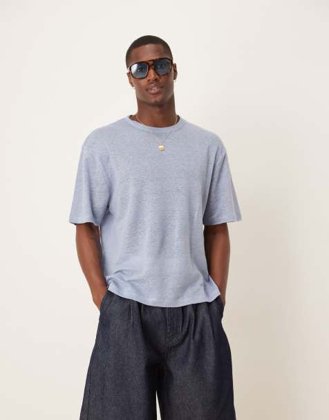 ASOS DESIGN Premium linen relaxed boxy T-shirt in blue - view 1