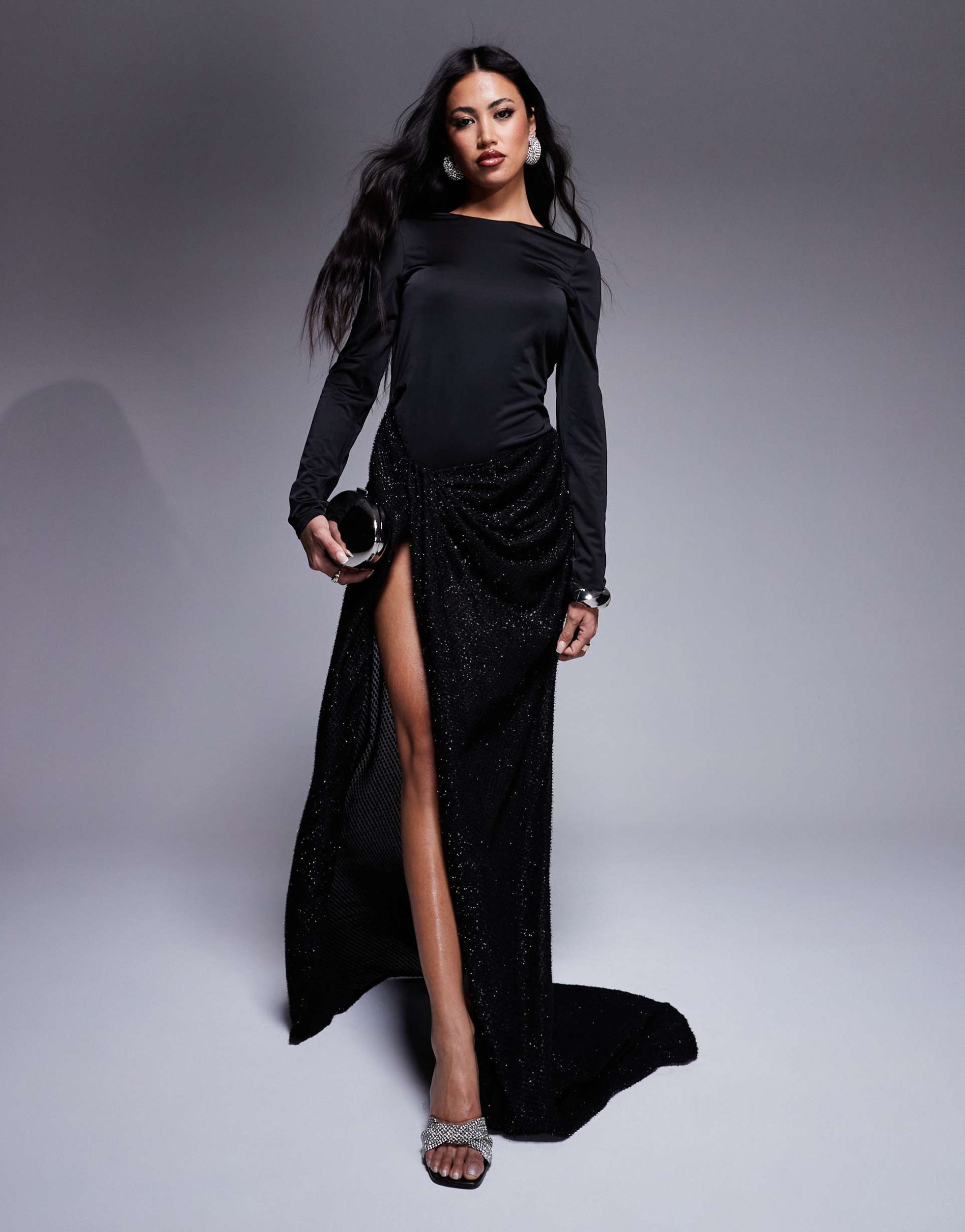 asos design premium long sleeve contrast textured maxi dress in black