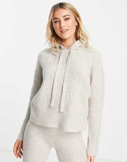 ASOS DESIGN premium lounge cable knitted hoodie in gray part of a set