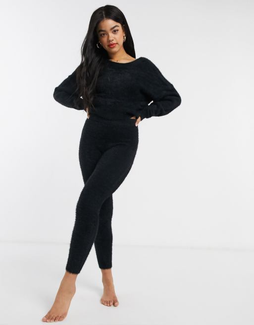 Black Knitted Bow Crop Top & Cut Out Legging Set