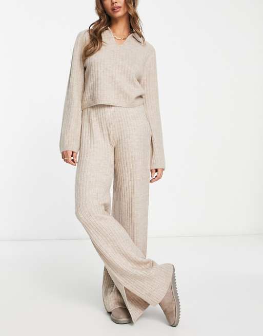 ASOS DESIGN premium lounge knitted collared sweater & pants set in stone