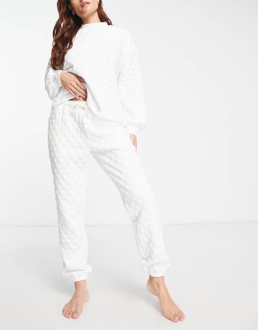 ASOS DESIGN premium lounge quilted check high neck sweat & trackies set in white