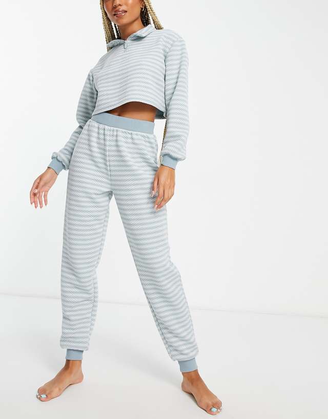 ASOS DESIGN premium lounge quilted chevron zip neck sweat & sweatpants set in blue