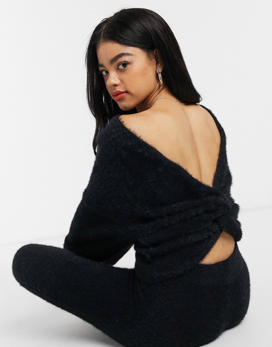 ASOS DESIGN premium lounge wrap back fluffy knitted sweat-Black