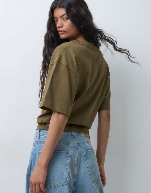 ASOS DESIGN premium luźny T-shirt ze ściągaczem w kolorze khaki, 3 z 5