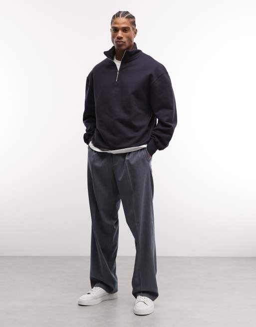 ASOS DESIGN - Premium - Marineblå oversized sweatshirt i kraftigt 400 gsm-materiale med kort lynlås, 2 af 5