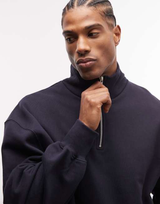ASOS DESIGN - Premium - Marineblå oversized sweatshirt i kraftigt 400 gsm-materiale med kort lynlås, 3 af 5
