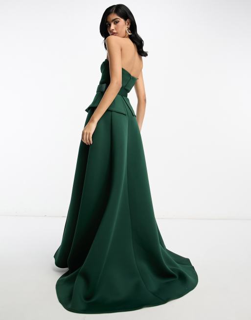 ASOS DESIGN - Premium maxi bandeau-jurk met peplumzoom, riem en dijsplit in donkergroen, 4 van 4